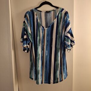 Sami & Jo Striped Blue and Green Women's Short Sleeve Top
